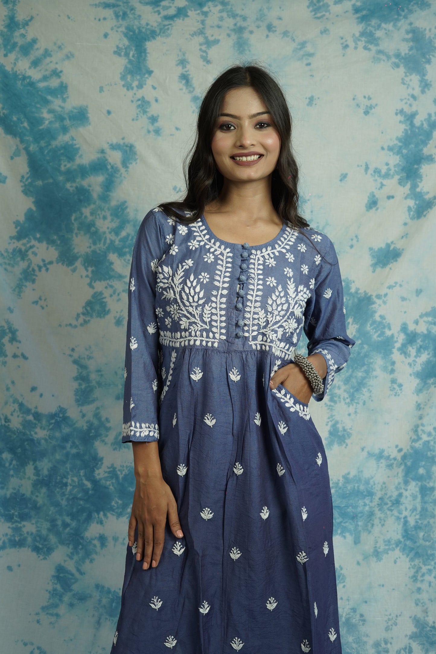 Chanderi Chikankari long kurti with pockets.