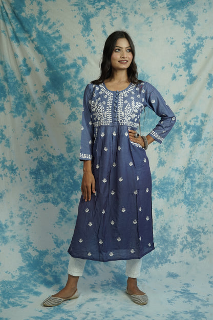 Chanderi Chikankari long kurti with pockets.