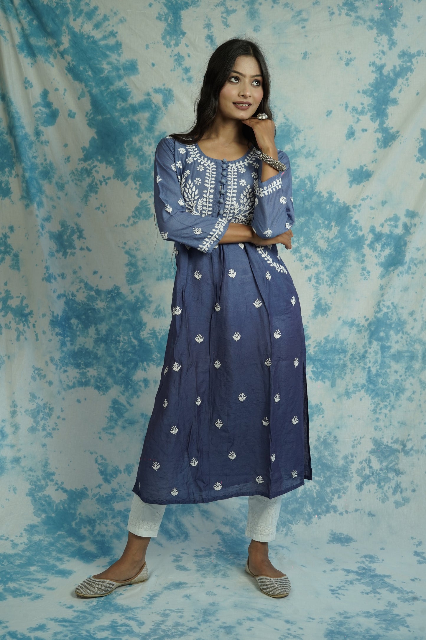 Chanderi Chikankari long kurti with pockets.