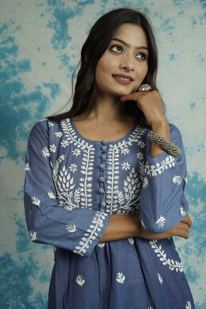 Chanderi Chikankari long kurti with pockets.