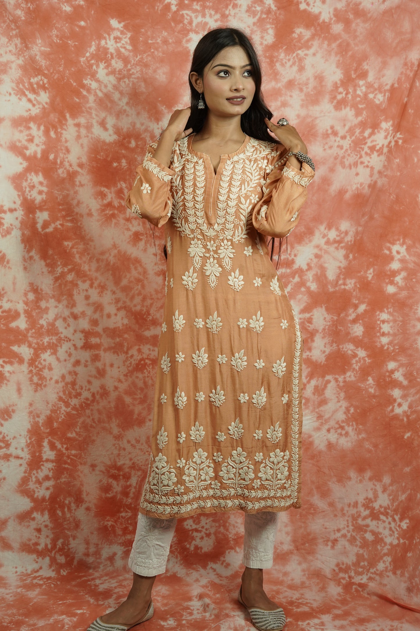 Muslin Silk Long Chikankari Kurti