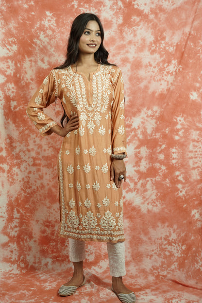 Muslin Silk Long Chikankari Kurti
