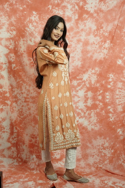 Muslin Silk Long Chikankari Kurti