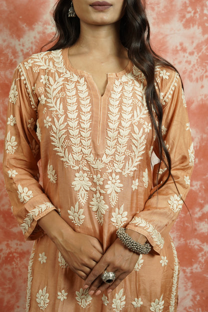 Muslin Silk Long Chikankari Kurti