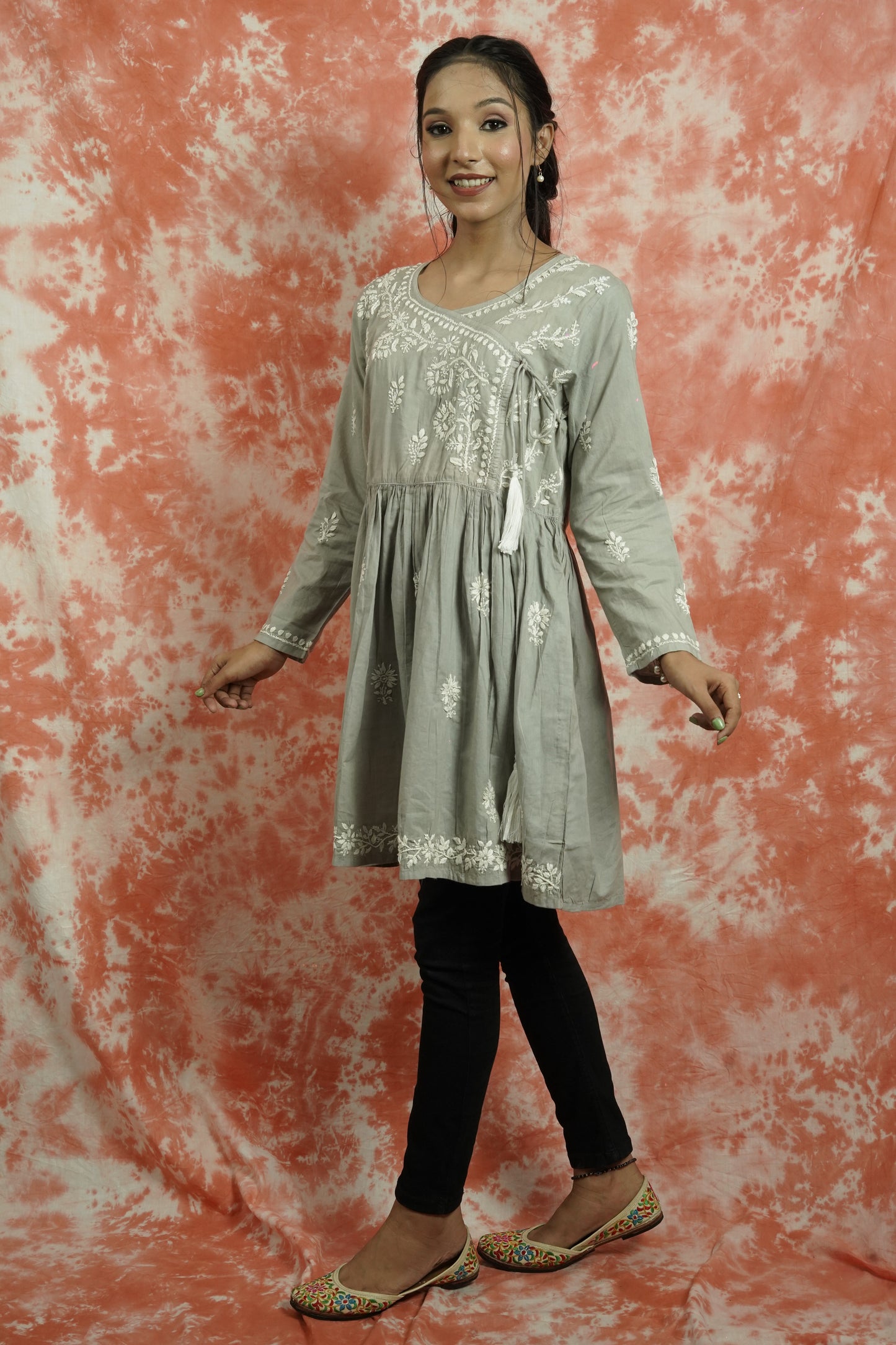 Cotton Chikankari Short Angarakha Kurti