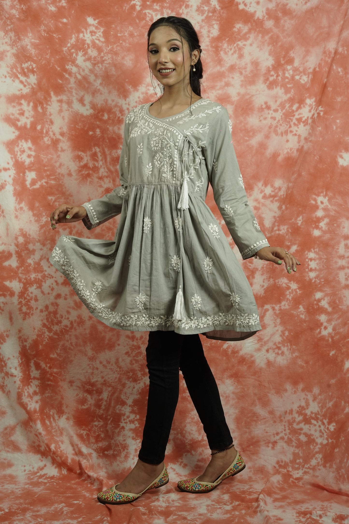 Cotton Chikankari Short Angarakha Kurti