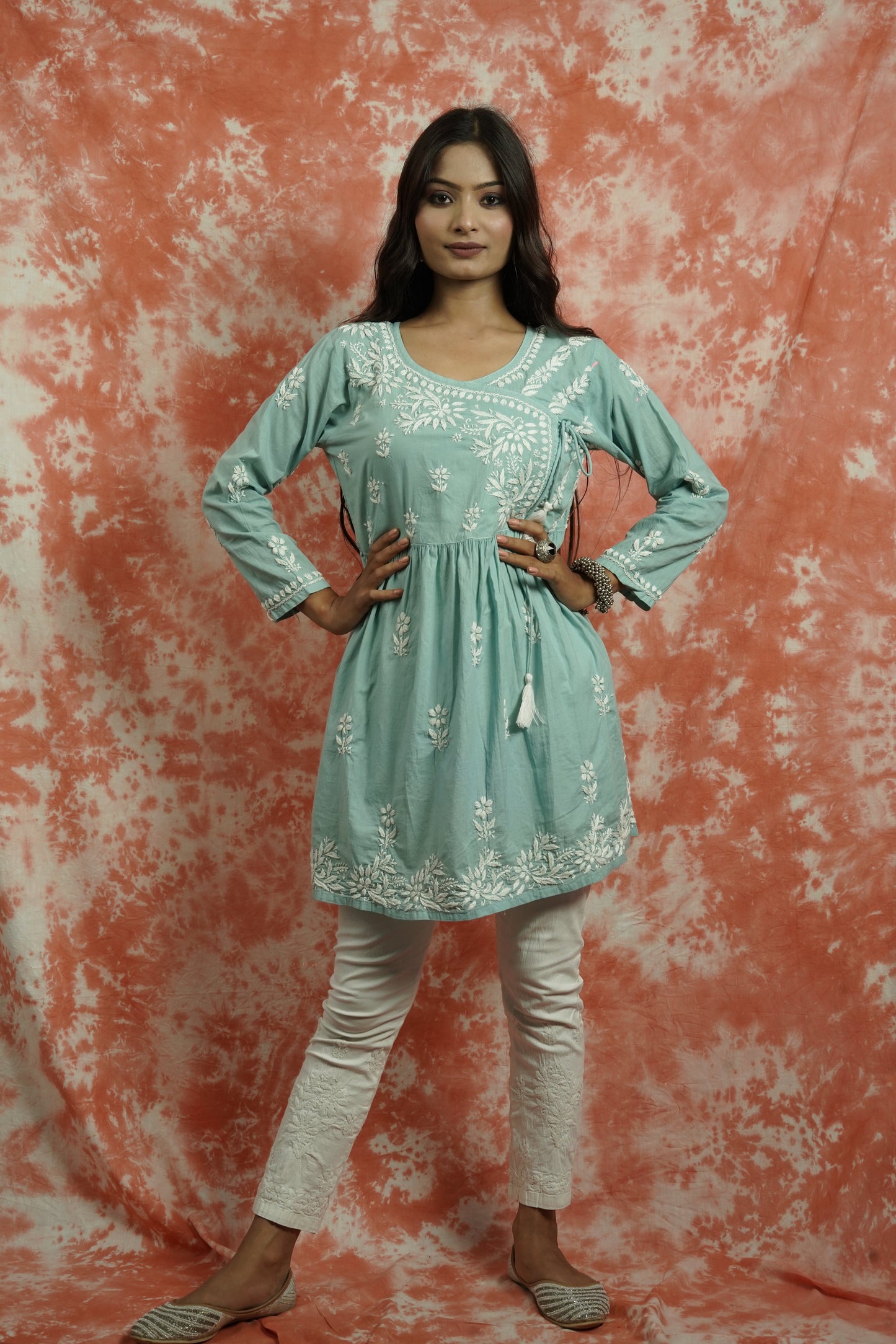 Cotton Chikankari Short Angarakha Kurti