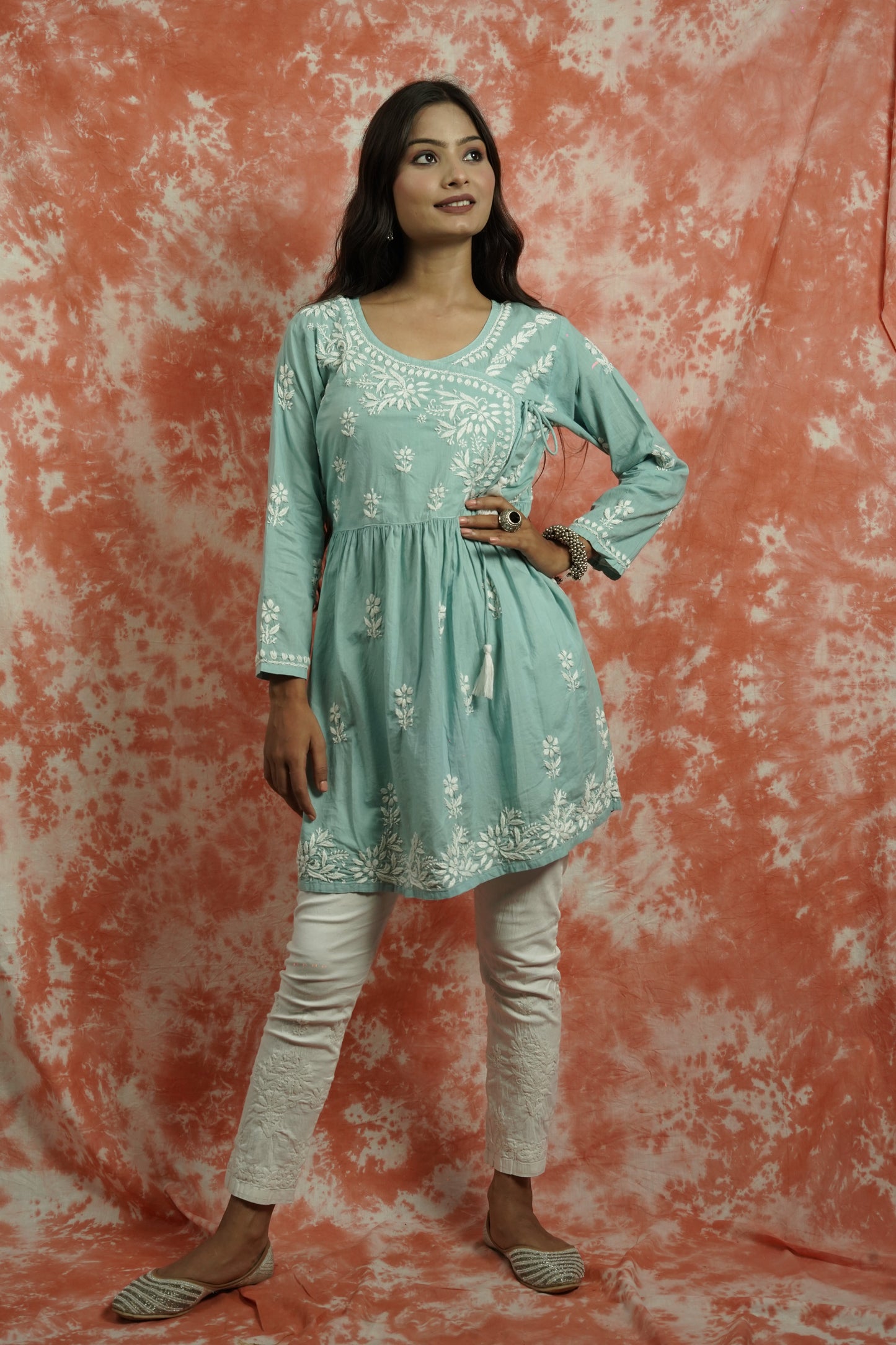 Cotton Chikankari Short Angarakha Kurti