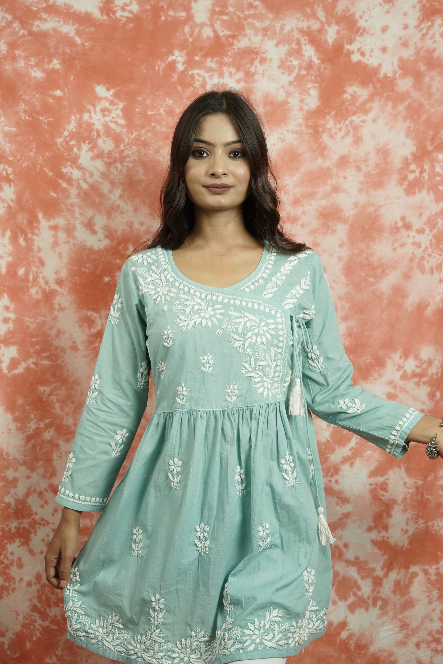 Cotton Chikankari Short Angarakha Kurti