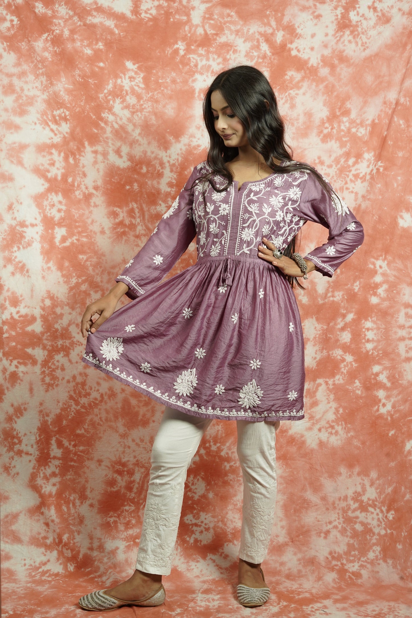 Chanderi Chikankari fit and flare short kurti
