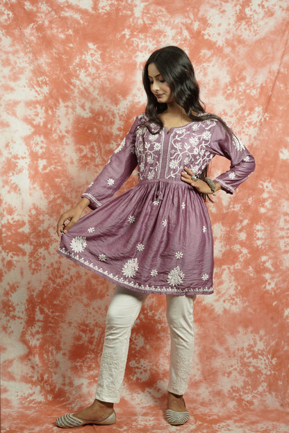 Chanderi Chikankari fit and flare short kurti
