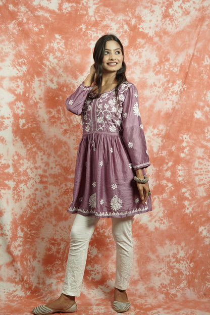 Chanderi Chikankari fit and flare short kurti