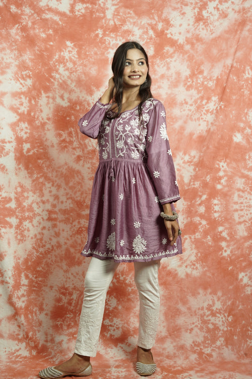 Chanderi Chikankari fit and flare short kurti