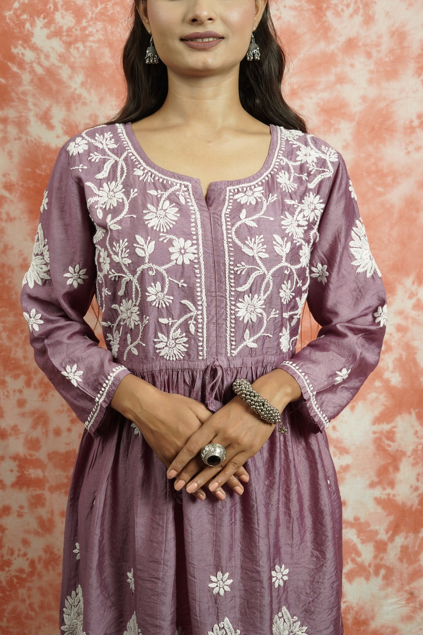 Chanderi Chikankari fit and flare short kurti