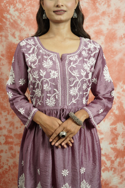 Chanderi Chikankari fit and flare short kurti