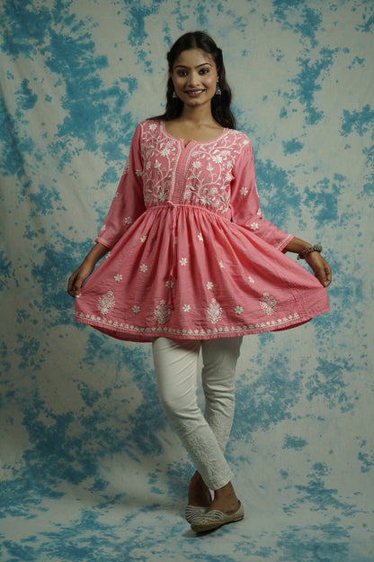 Chanderi Chikankari fit and flare short kurti