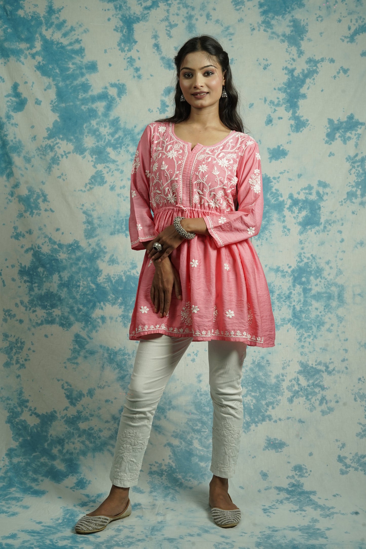 Chanderi Chikankari fit and flare short kurti