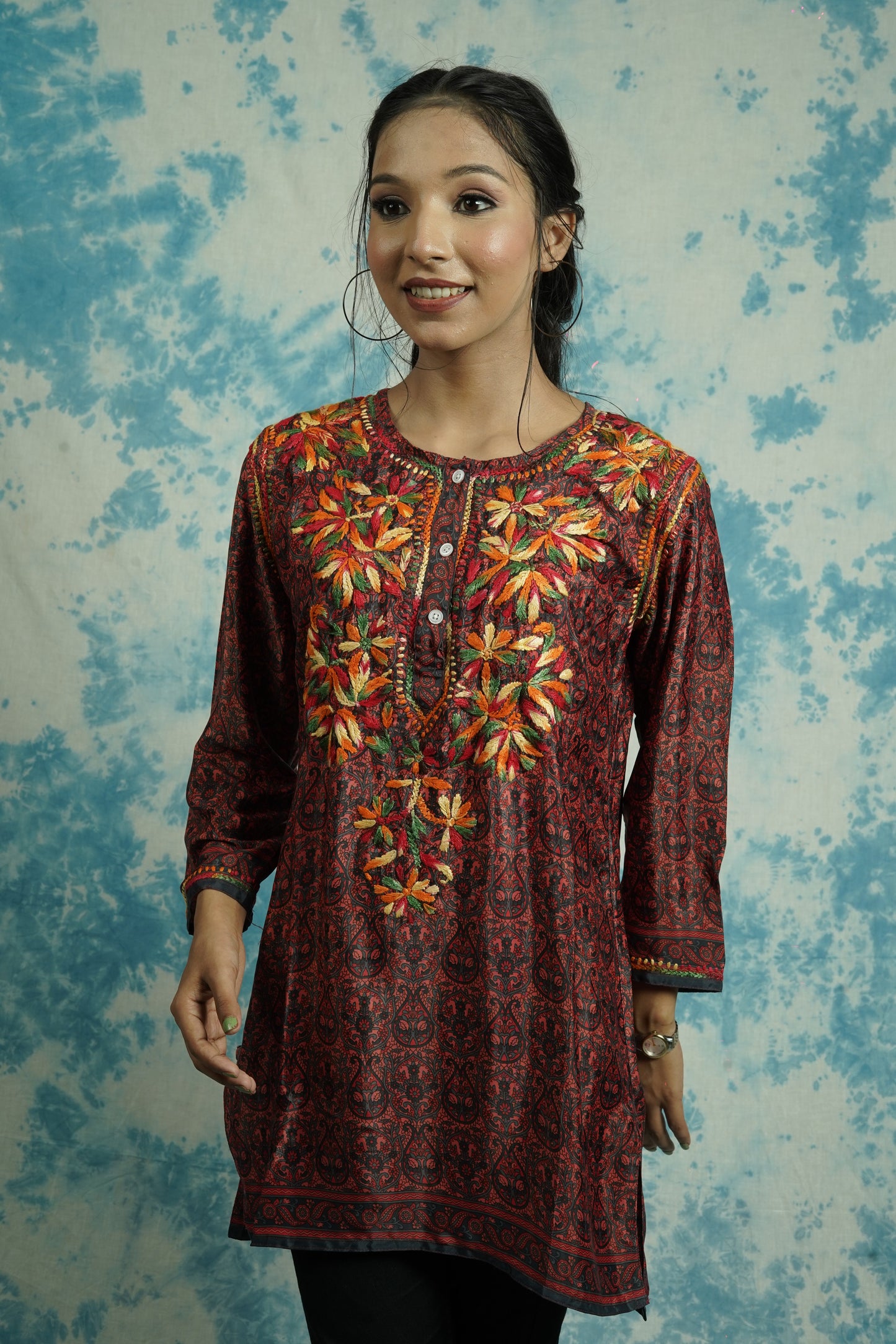 American Crepe printed short Chikankari kurti