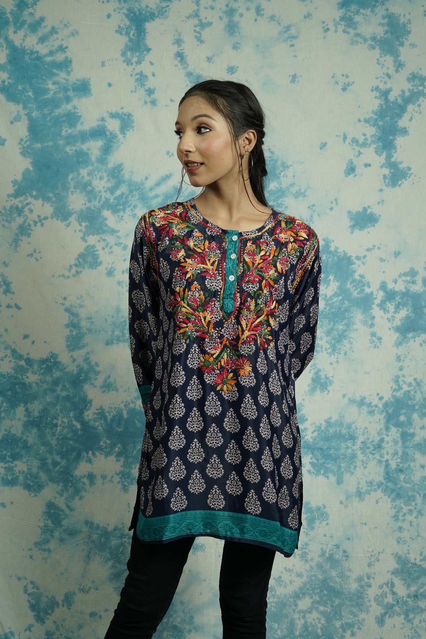 American Crepe printed short Chikankari kurti