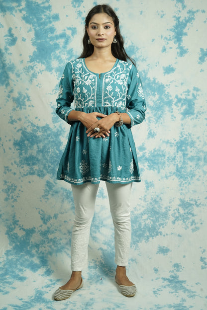 Chanderi Chikankari fit and flare short kurti