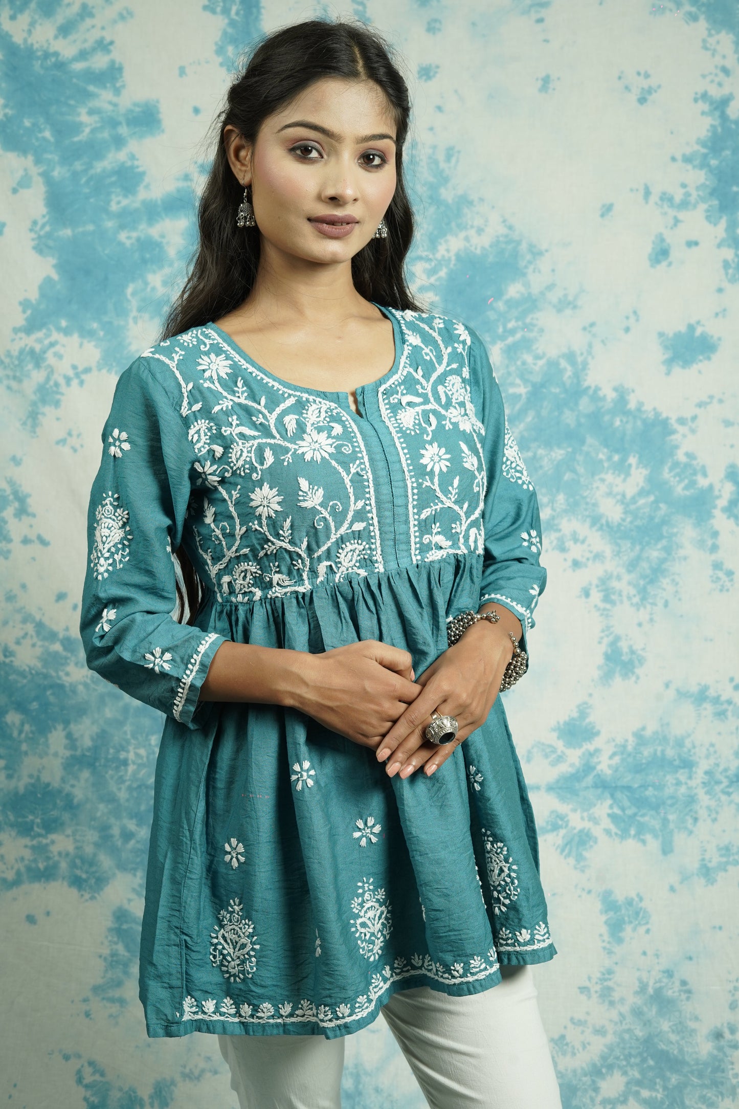 Chanderi Chikankari fit and flare short kurti