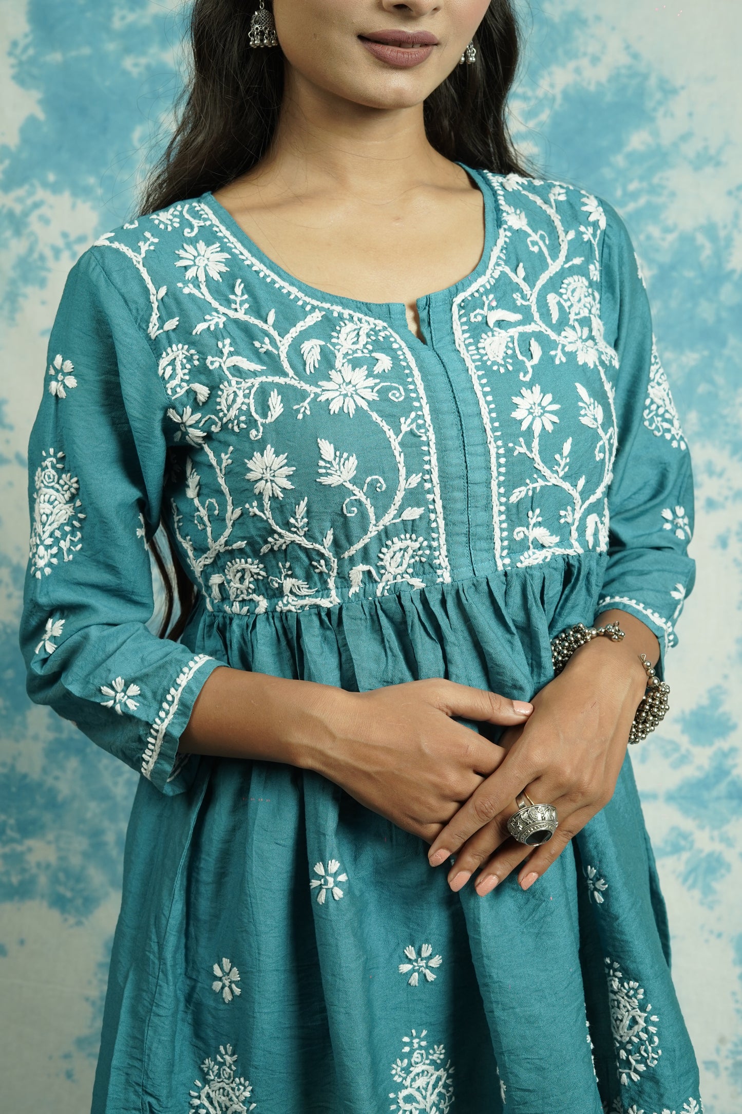 Chanderi Chikankari fit and flare short kurti