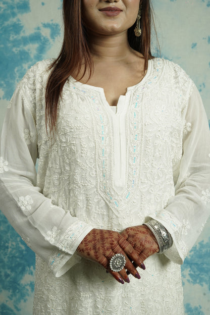 Georgette Chikankari kurti with aari embellishments
