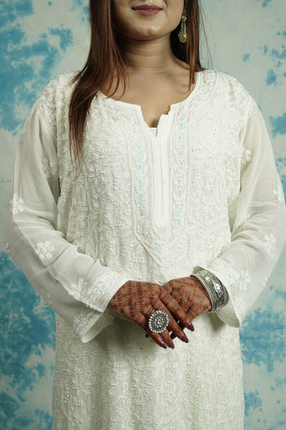 Georgette Chikankari kurti with aari embellishments