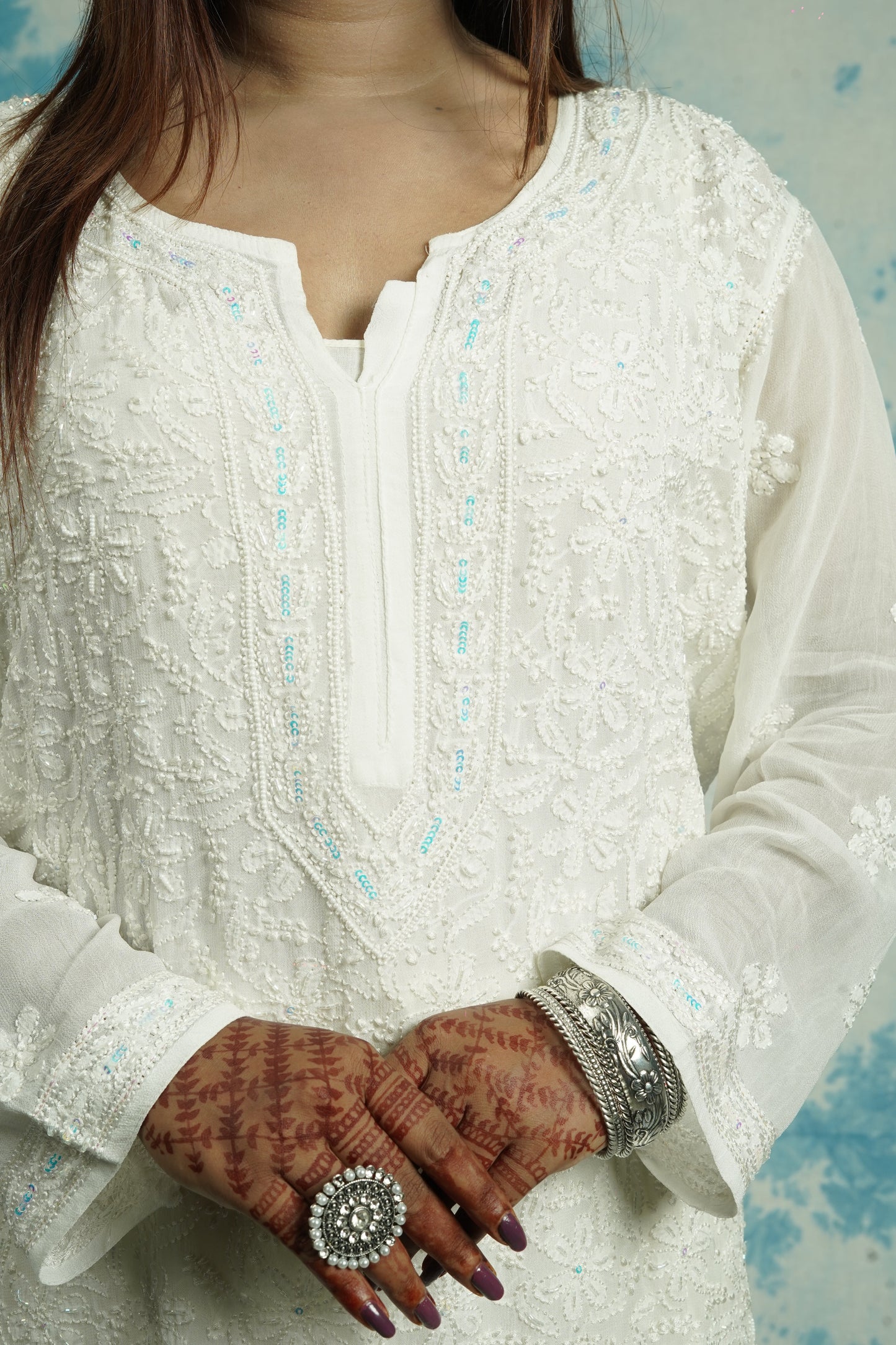 Georgette Chikankari kurti with aari embellishments