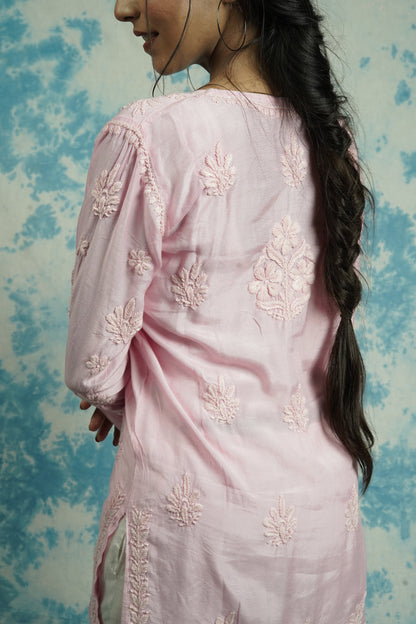 Muslin Silk Long Chikankari Kurti