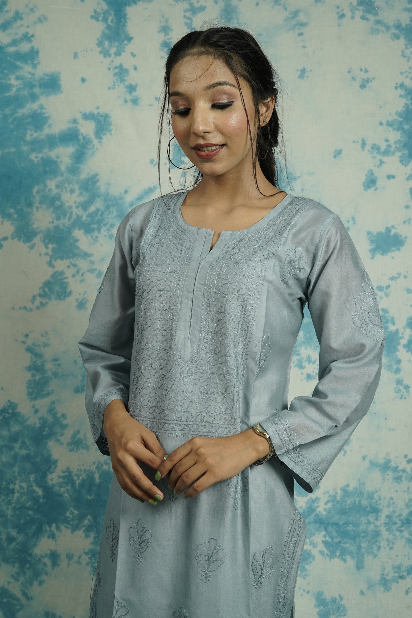 Chanderi Chikankari Straight Long Kurti