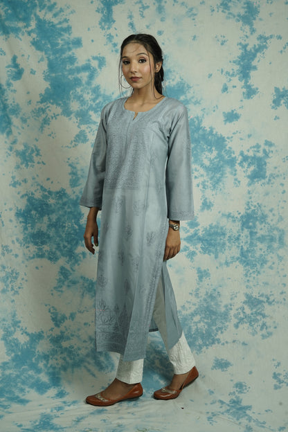 Chanderi Chikankari Straight Long Kurti