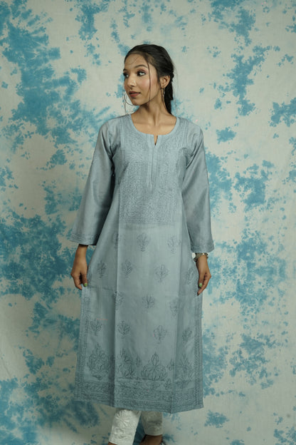Chanderi Chikankari Straight Long Kurti