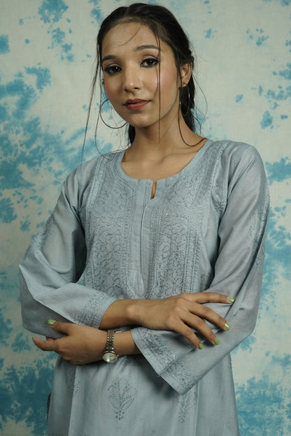 Chanderi Chikankari Straight Long Kurti