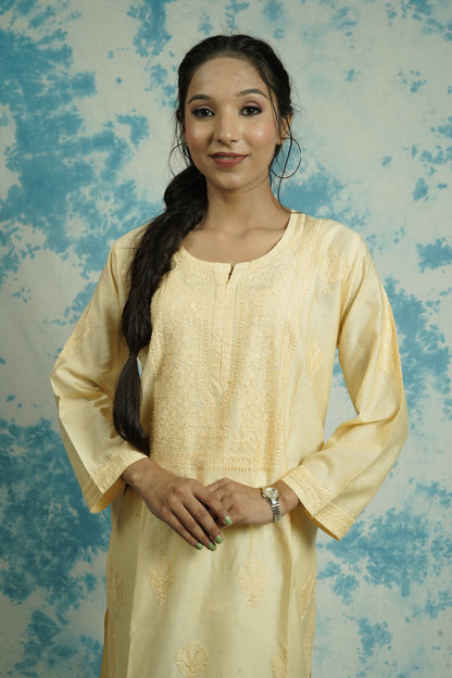 Chanderi Chikankari Straight Long Kurti