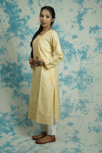 Chanderi Chikankari Straight Long Kurti