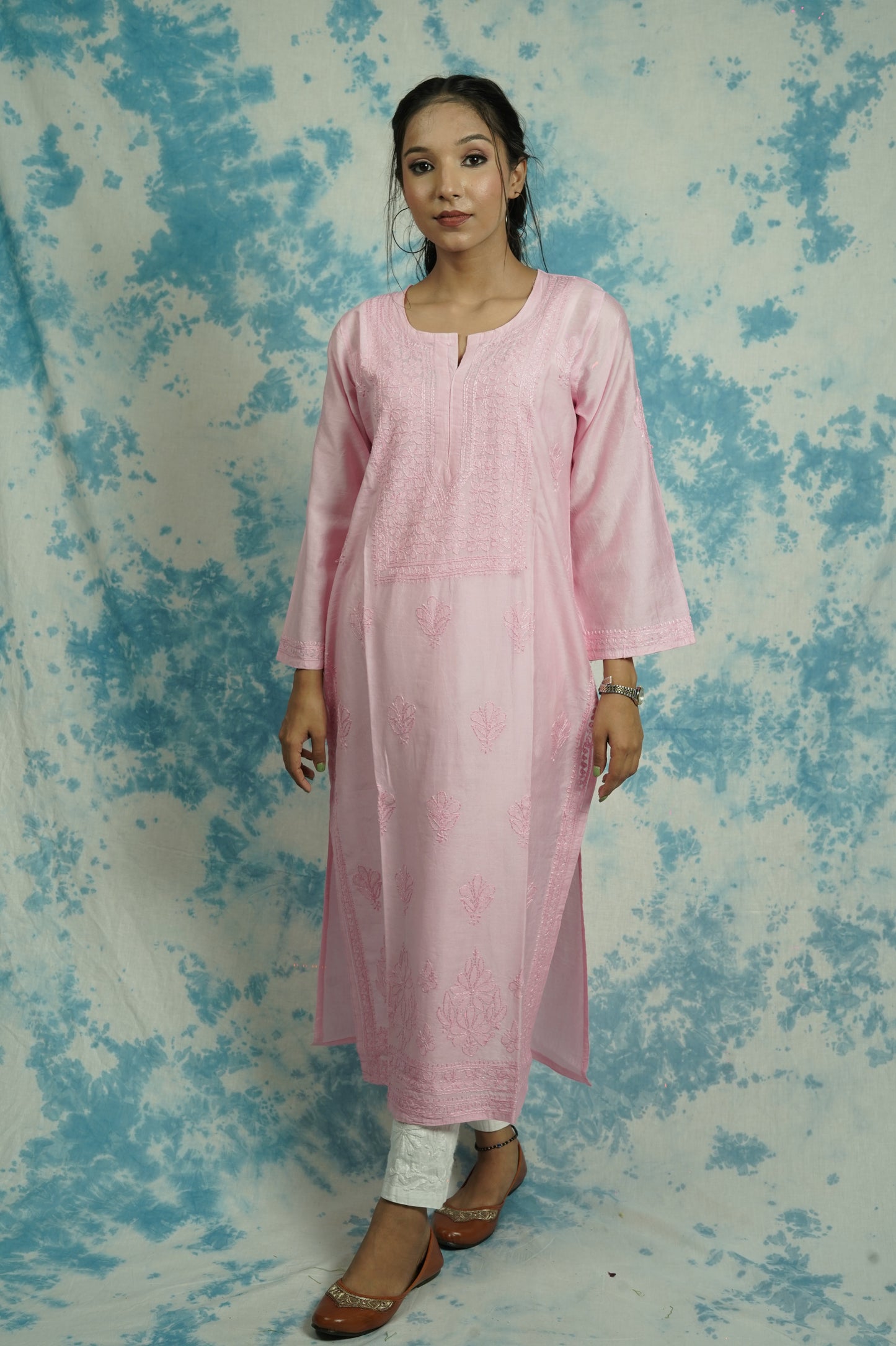Chanderi Chikankari Straight Long Kurti