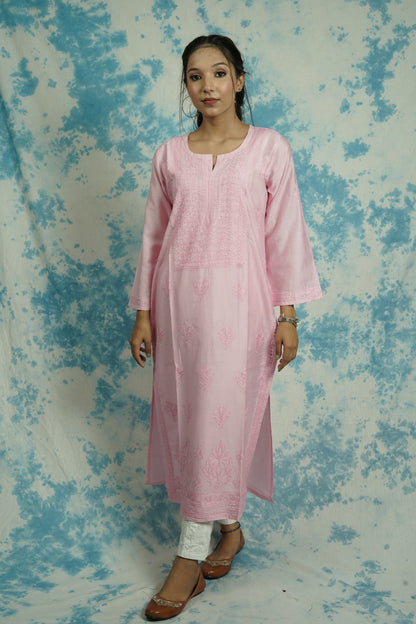 Chanderi Chikankari Straight Long Kurti