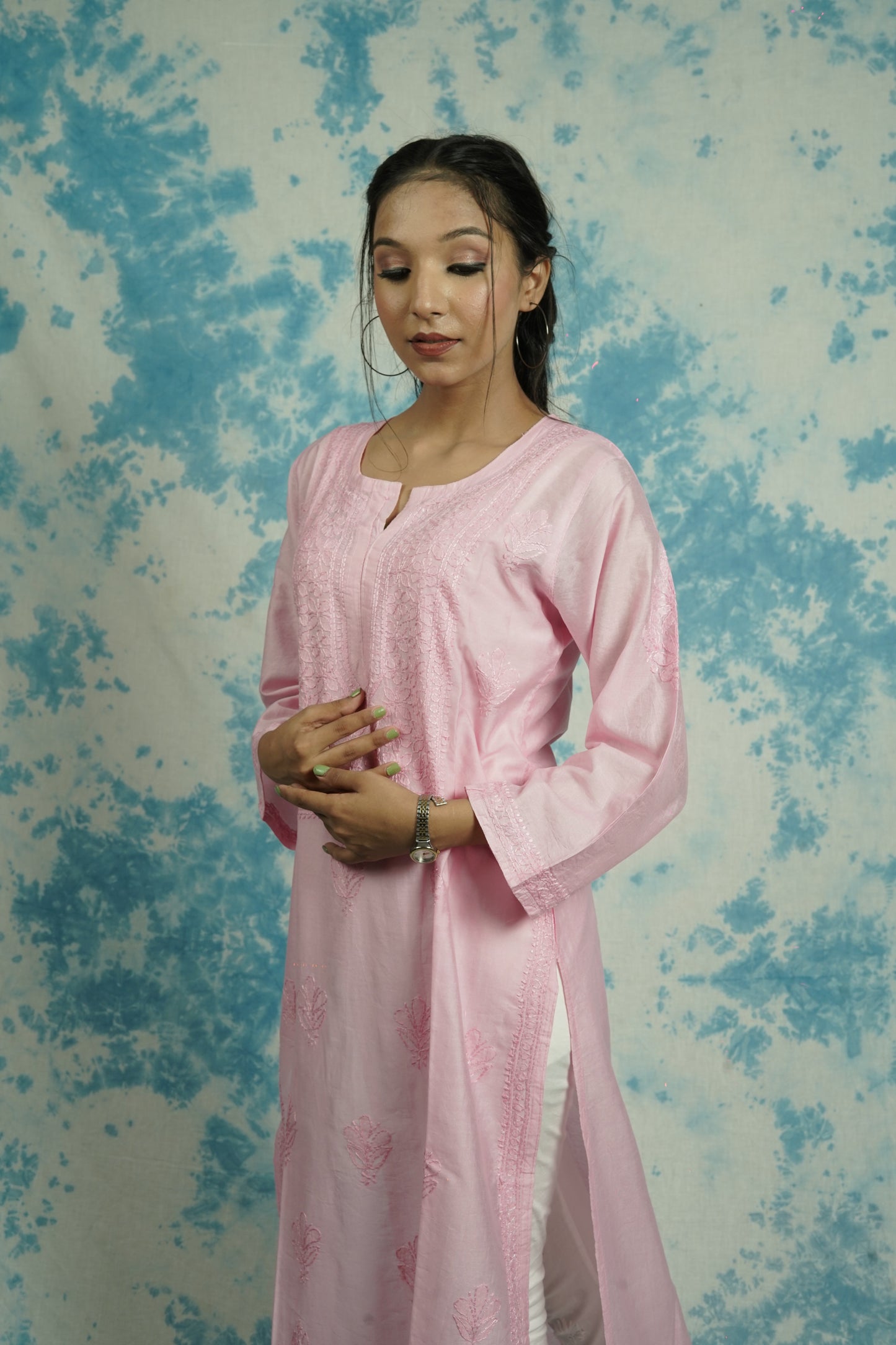 Chanderi Chikankari Straight Long Kurti