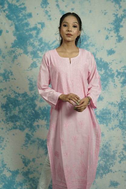 Chanderi Chikankari Straight Long Kurti