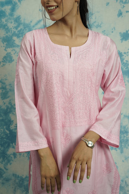 Chanderi Chikankari Straight Long Kurti
